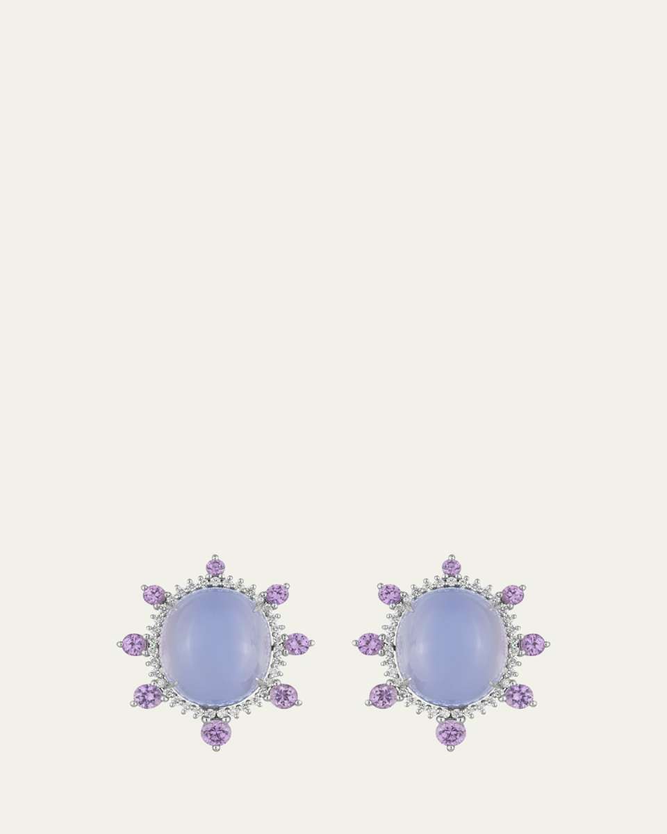 18K White Gold Chalcedony Earrings with Diamonds and Purple Sapphires